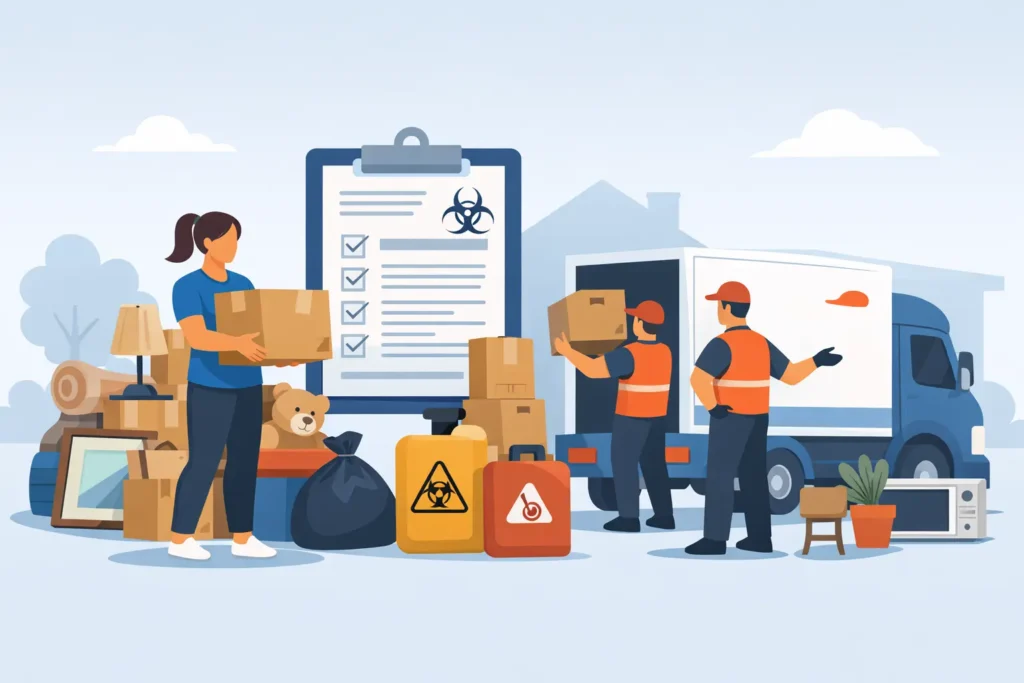 Movers handling boxes around a large clipboard with a biohazard symbol and a moving truck in a cartoon scene (hazard labeling visible).
